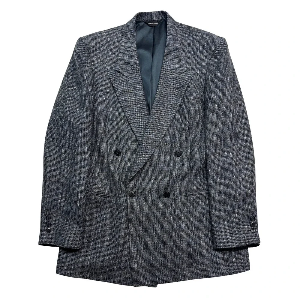vtg Pierre Cardin 40R Double Breasted Tweed Blazer Jacket Blue Gray Fleck USA